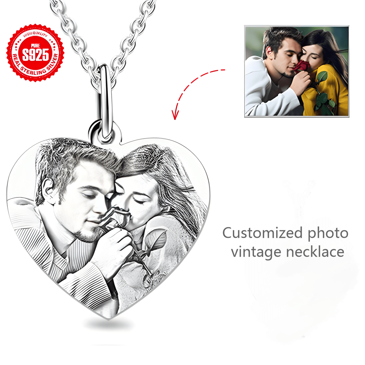 Customized 925 Silver Round Pendant Necklace with Engraved Pet Photos